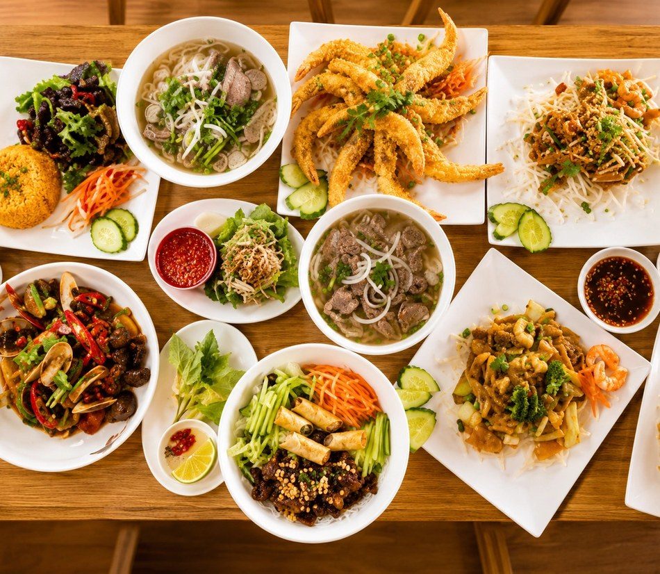 A shared table seen from above, with two bowls of phở, crumbed prawns, clams with chilli, a bún bowl topped with spring rolls and fried rice